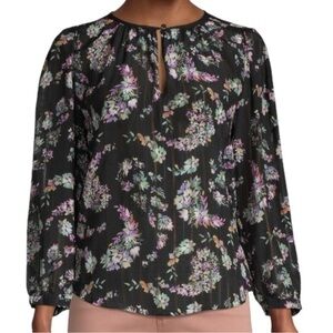 Rebecca Taylor Women’s Size 00 Black Floral Printed Silk Keyhole Neck Top Blouse